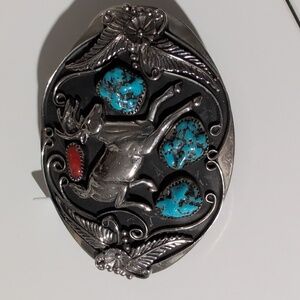 Vintage Silver Nickel Spiny Coral Turquoise Nugget Belt Buckle Deer Stag Squash